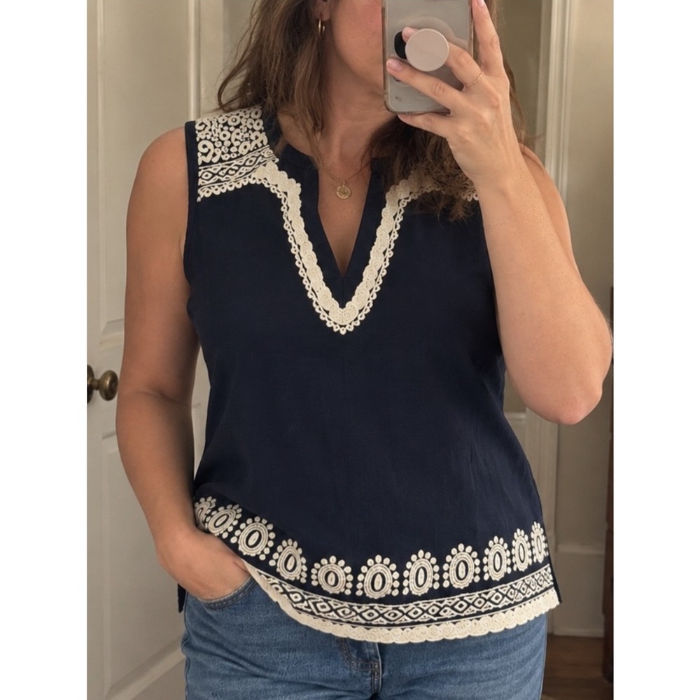 Talbots Navy Embroidered Tunic Top M Sleeveless Cotton Split Neck Boho
